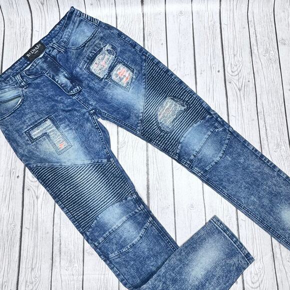 Balmain Blue Moto Distressed Jeans Size 32 please see last picture broke zipper - Picture 1 of 8